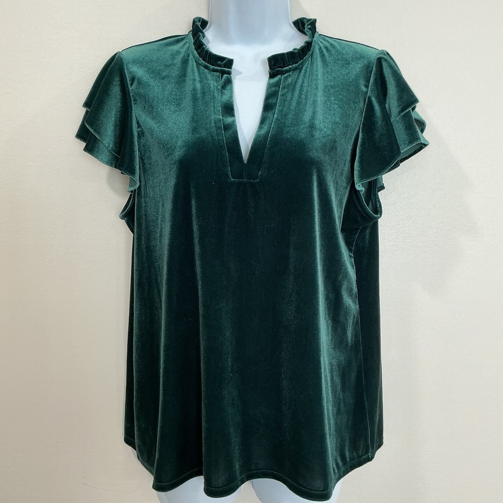 CeCe Green Velvet Ruffle Blouse Women's Size Large Holiday Jewel Tone